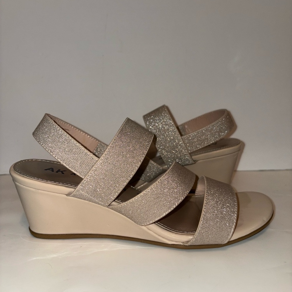 Anne Klein Beige Glitter Elastic Strap Wedge Sandals